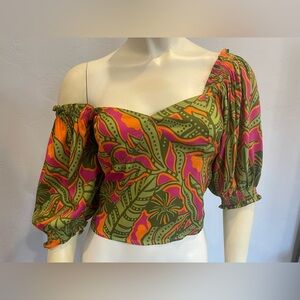 New Off-Shoulder Botanical Print Puff Sleeve Top - Olive/Magenta Sz M